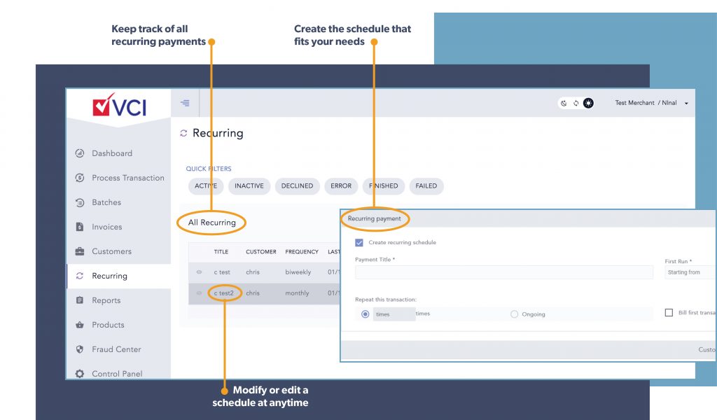 VCI ACH payments keep track of all recurring payments